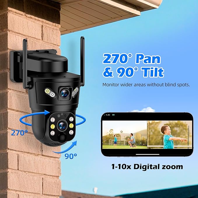 3K Solar Security Camera Wireless,270°Pan 90°Tilt Auto Tracking,WiFi Cam,PIR&AI Human Detection,Color Night Vision,10XZoom,2-Way Audio,128GB SD/Cloud Storage,Waterproof IP66,5.5W Solar Panel