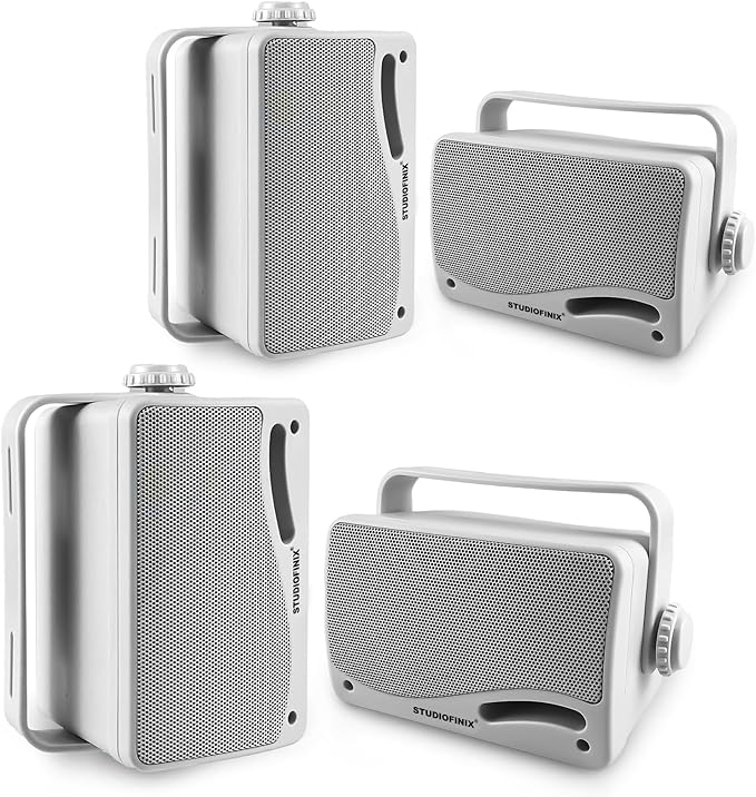 STUDIOFINIX 3.5" Outdoor Bluetooth Speakers Wired Waterproof, 400W 3 Way Upgrade Premium Wall Mount Speakers, Durable Mountable Loud Sound System for Patio Indoor Deck Garage (White 2 Pairs)