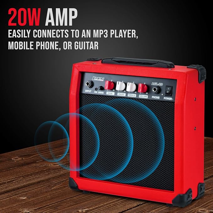 LyxPro Electric Guitar Amp 20 Watt Amplifier Built in Speaker Headphone Jack and Aux Input Includes Gain Bass Treble Volume and Grind - Red