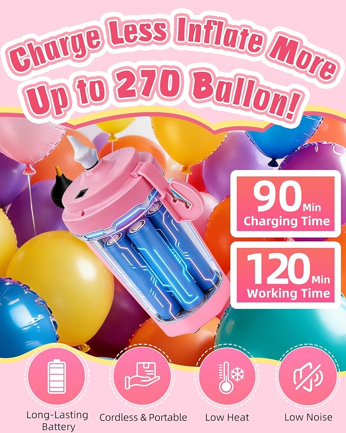 Portable Balloon Pump Electric, Rechargeable Cordless Balloon Pump Inflator for All Balloons, Latex 260q Foil Mylar Balloon Inflation, Quick-Fill Inflator& Deflator for Inflatables