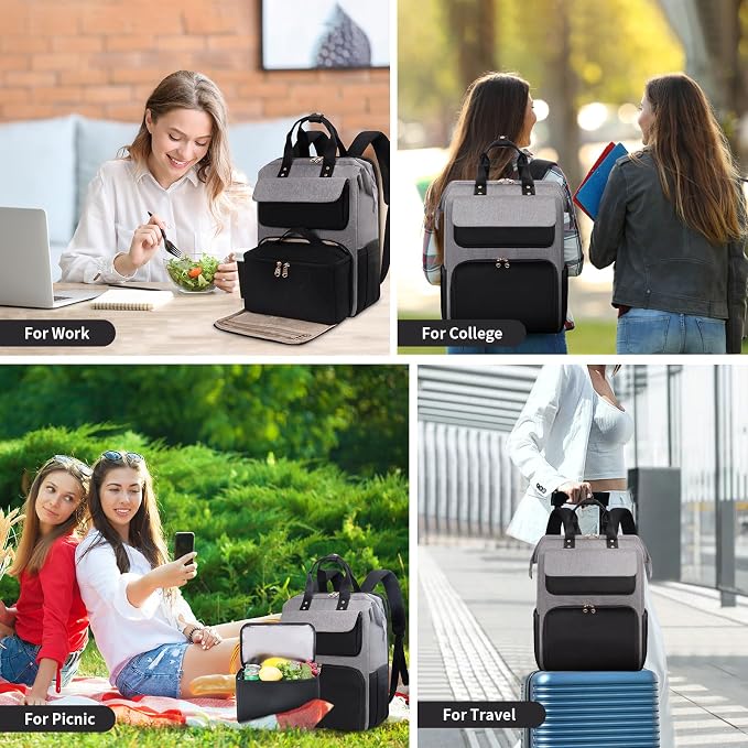 BERTASCHE Lunch Backpack for Women, 15.6 Inch Laptop Backpack with Insulated Cooler Lunch box, Nurse Backpack for Teacher Work Travel College Picnic,Black-Grey