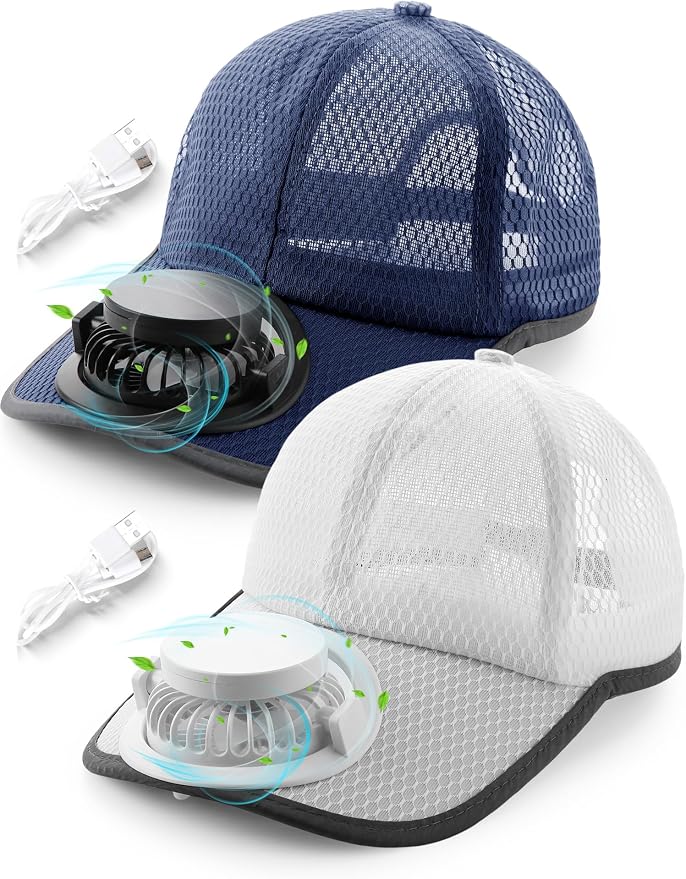 Yaomiao 2 Pcs Solar Baseball Cap with Fan Unisex Sun Protection USB Charging Fan Mesh Hat for Summer Outdoor