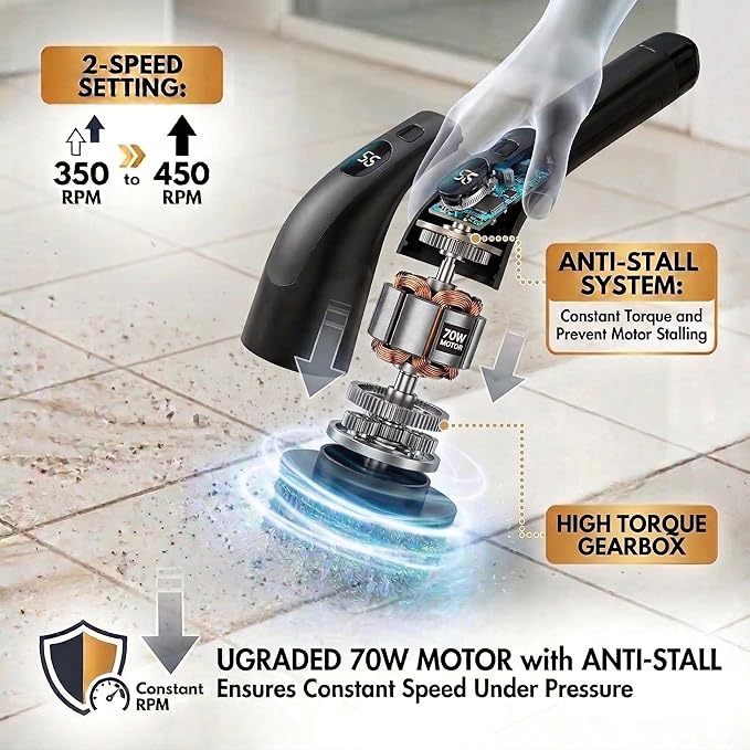 LIVINGPRO Electric Spin Scrubber with LCD Display, Cordless Cleaning Scrubber for Home, Upgraded 70W Dual Speed Motor, IPX7 Waterproof Power Scrubber, 7 Brush Heads, Extendable Long Handle