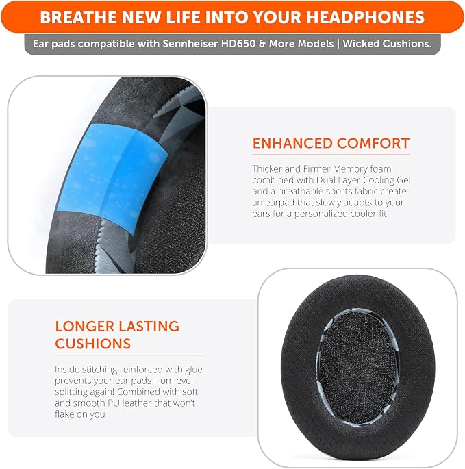 WC Freeze HD6XX - Cooling Gel Earpads for Sennheiser HD6XX, HD58X, HD600, HD650, HD660S, HD660S2, HD580, HD565 & More, Made by Wicked Cushions | Extra Comfortable and Cool | Geo Grey