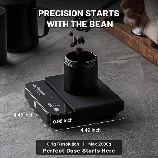 KitchenTour CaféMetric Coffee Scale with Timer 0.1g/2000g - Precision Small Scale for Espresso & Pour Over - Mini Scale with LED Display AAA Battery Black