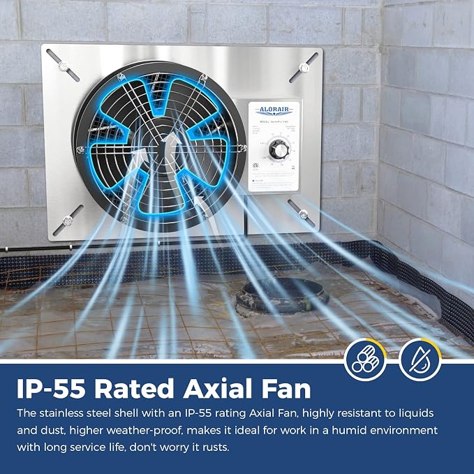 ALORAIR 540 CFM Stainless Steel Crawl Space Ventilation Fan with Humidistat Dehumidistat, IP55 Rated Crawlspace Vent Fan for Foundation Basements Garage Attic