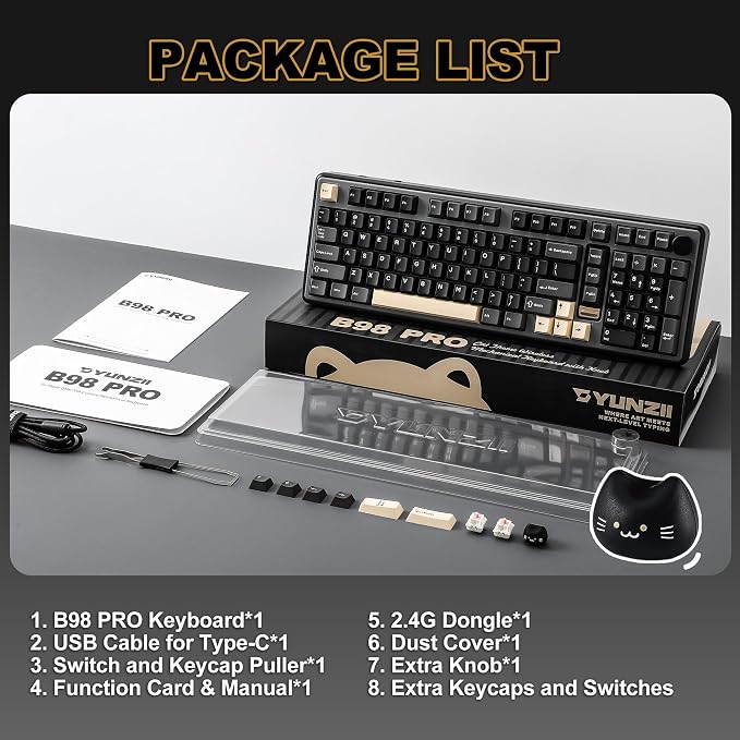 YUNZII B98 PRO QMK/VIA Wireless Mechanical Gaming Keyboard,96% Layout with Numpad and Cute Cat Knob, BT/2.4G/USB-C,Linear Switch Hot Swap Gasket,RGB for Win/Mac (Black, Milk V2 Linear Switch)