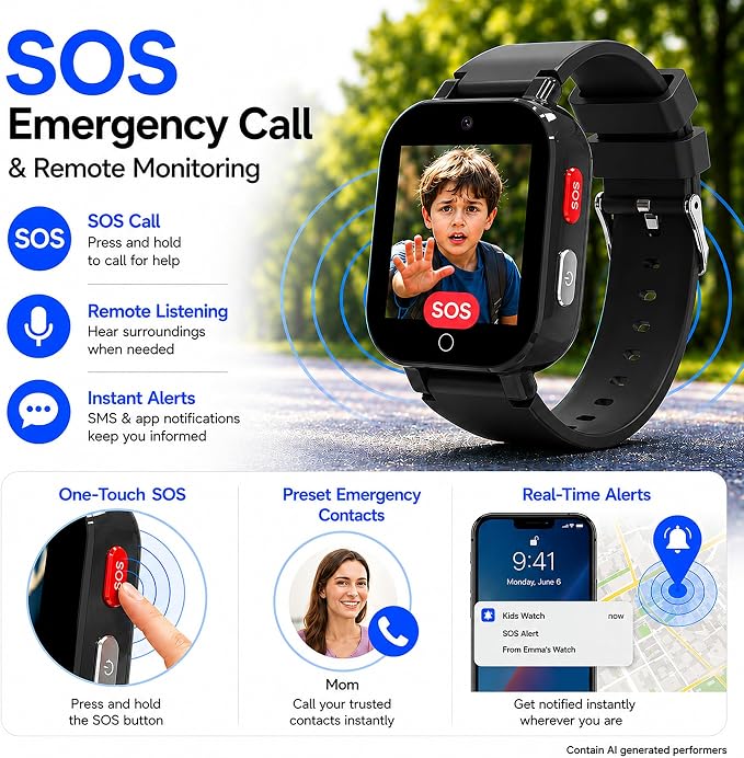4G Kids Smart Watch with GPS Tracker, Video & Voice Call, SOS, WiFi, IP68 Waterproof, AI Smart Features, Parental Control Phone Watch for Boys Girls Age 4-12(SIM Card Included)