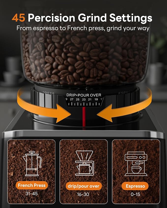 Aromaster Burr Coffee Grinder with 45 Grind Settings,Adjustable 5–40s Timer,Stainless Steel Conical Coffee Bean Grinder for Espresso,Pour Over & French Press, Anti-Static,Easy Clean Brush for Home Use