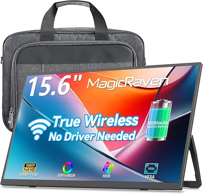MAGICRAVEN Wireless Portable Monitor for Laptop, 15.6" Portable Monitor with Battery-1080P FHD Second Screen for Home & Office, AirPlay & Miracast Casting, No Cables or Drivers Needed(with Bag)