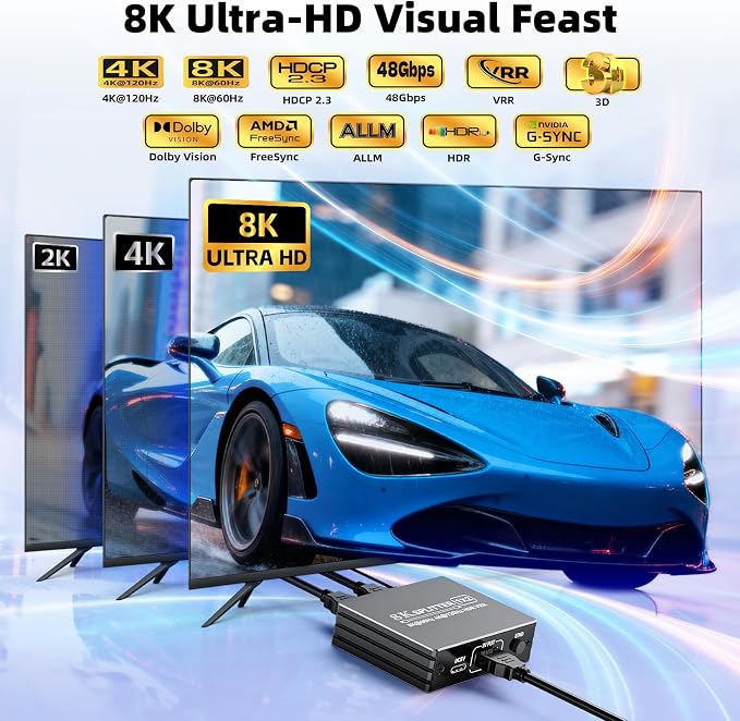 BolAAzuL HDMI 2.1 Splitter 1 in 2 Out 4K 120Hz with 8K HDMI Cable and Power Adapter, 8K 60Hz 1x2 HDMI Y Splitter with Audio Out for Dual Monitors Duplicate, Support HDCP 2.3 HDR for PS5/Xbox/PC/TV