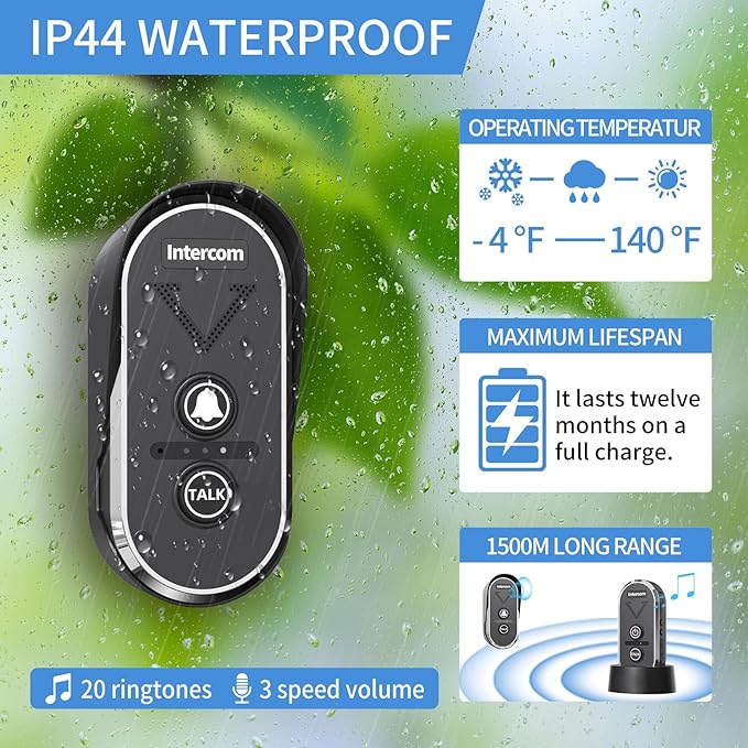 Intercoms Wireless for Home,4900ft Long Range Wireless Doorbell Intercom with 3 Channel, 3 Level Volume,Wireless Intercom Doorbells for Home Business, 1 Outdoor Intercom and 2 Indoor Intercoms