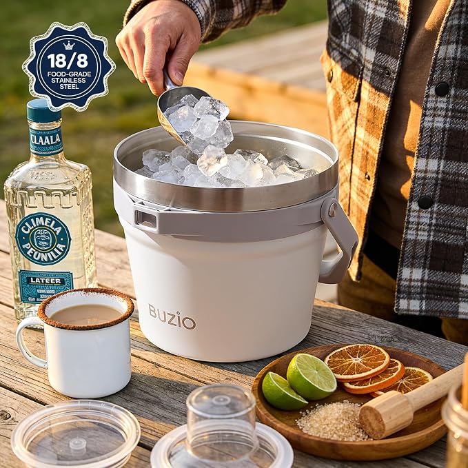 BUZIO 7.4 Qt/7 L Ice Bucket for Parties with Lid and Scoop & Tongs, Double Wall Vacuum Insulated Stainless Steel, Holds 6 Longnecks or 3 Wine Bottles, Large Beverage Bucket for Champagne, White
