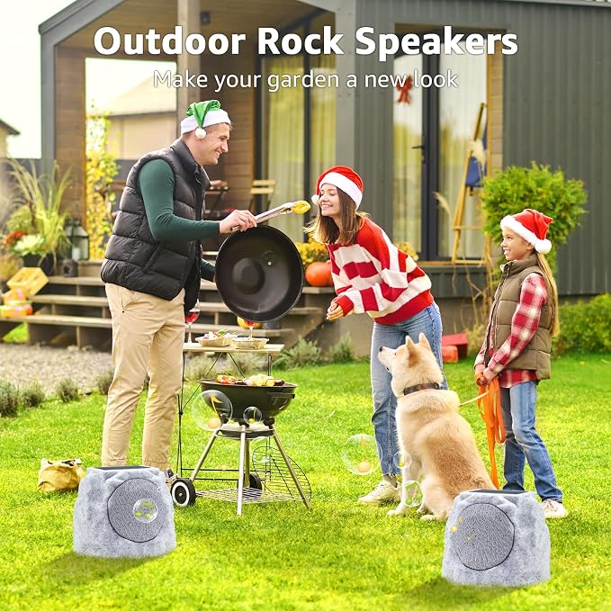 uuffoo 2-Pack Outdoor Rock Speakers Waterproof Patio with Lights Color,Multi-Sync Up to 100 Speakers&TWS Pair,Solar Powered and USB Rechargeable for Pool Party Yard Garden Outside