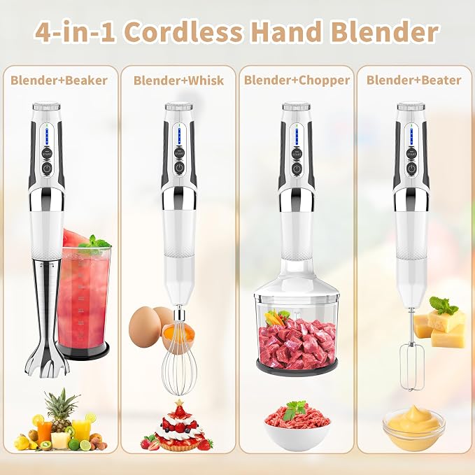 Toogel Cordless Immersion Blender, 4-in-1 Electric Hand Blender with 21-Speed & 3-Angle Adjust, USB Rechargeable, BPA-Free & Dishwasher Safe for Baby Food, Smoothies, Soup (White)
