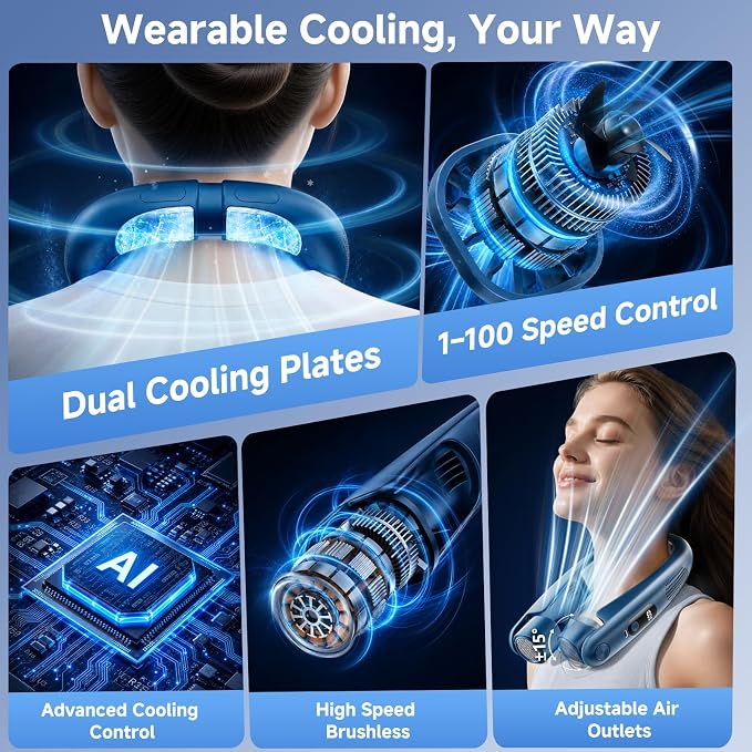 Portable Neck Fan with Cooling Plates, 6000mAh Rechargeable Wearable Fan with 1-100 Speed Control, Hands-Free Personal Cooling Fan with Digital Display, Adjustable Air Outlets for Travel Outdoor-Blue