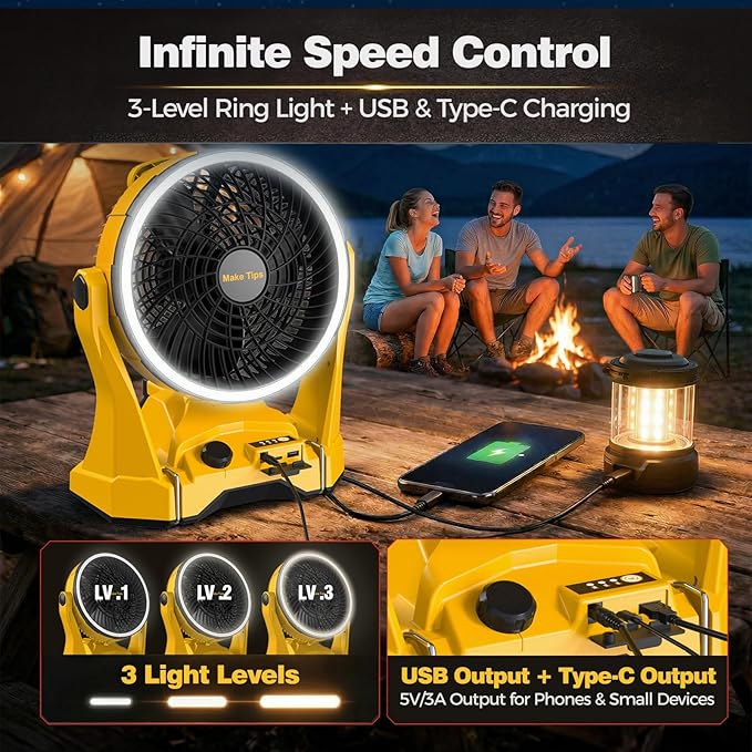 Fan for DeWalt 20V Max Battery, Portable Jobsite Camping Fan with Infinite Speed Control, 3-Level Ring Light, USB-C and USB Charging, Hook, Handle, 180° Tilt for Outdoor Use, Battery Not Included