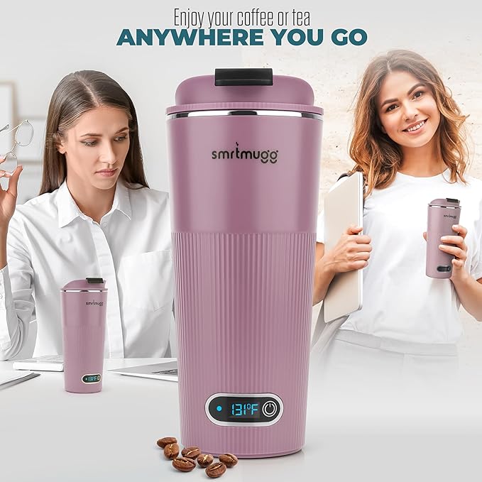 SmrtMugg GO Heated Coffee Mug, Travel Mug, 13.5 OZ. Smart Mug, Battery Powered Heated Coffee Mug, Great for Coffee and Tea, Snap on Magnetic Charging Cord, Adjustable Temperature (Lilac)