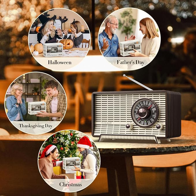 YOWGULF AM FM Radio Classic Retro Wood Table Radio Bluetooth Speakers Radios Plug-in Wall with Rotary Knob Great for Home, Office
