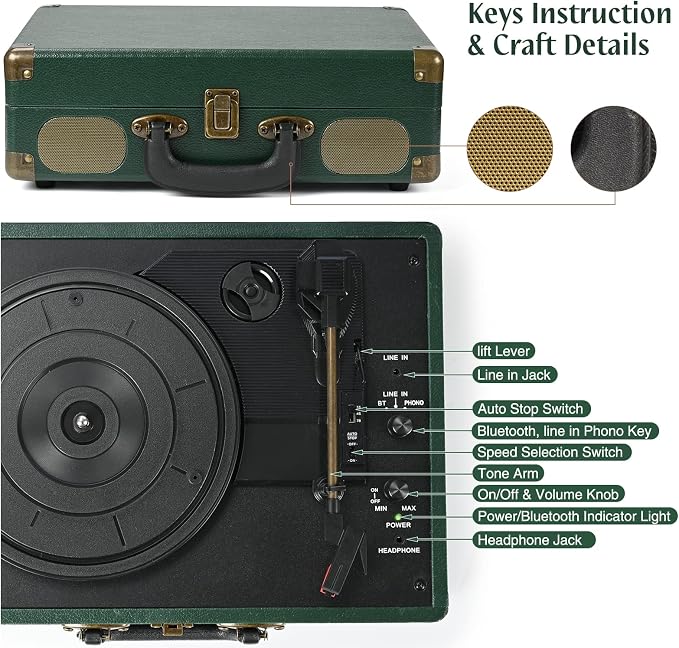 Vinyl Record Player 3-Speed Bluetooth Suitcase Portable Belt-Driven Record Player with Built-in Speakers RCA Line Out AUX in Headphone Jack Vintage Turntable Dark Green