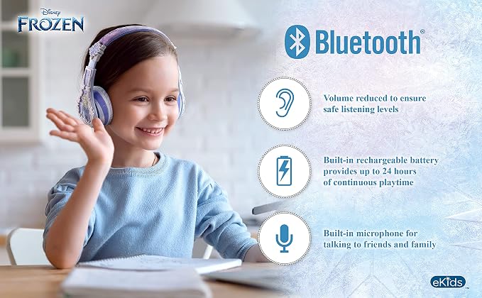 eKids Disney Frozen 2 Bluetooth Headphones with Microphone, Volume Reduced to Protect Hearing, Adjustable Wireless Headphones for School Home Travel, for Fans of Anna and Elsa