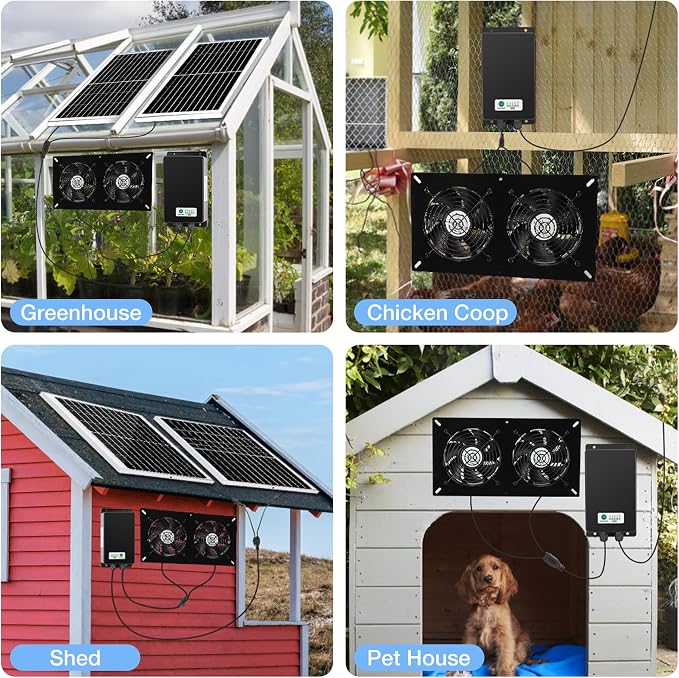 Fanspex Solar 2 Fan Kit with 66.6 Wh Battery Backup, 50W Solar Panel Powered Rechargeable Weatherproof Fans for Chicken Coop, Greenhouse & Shed