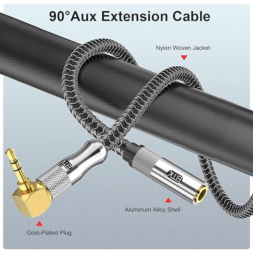 EMK Premium 90° 3.5mm Headphone Extension Cable (1.5Ft/0.5M) - Right-Angle TRS Stereo Aux Extension Cord for Laptops, Smartphones & Audio Devices - Space-Saving Angled Design, Gold-Plated Connectors