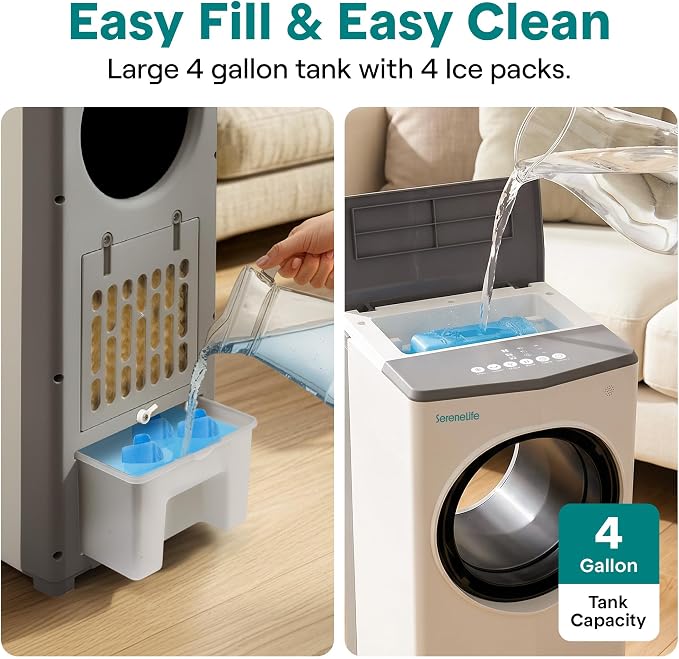 SereneLife Portable Evaporative Air Cooler with 4L Detachable Water Tank, 1800 CFM Evaporative Cooler with Remote & Ice Packs, Indoor Outdoor Air Cooler Portable for Room Use, (White & Gray)
