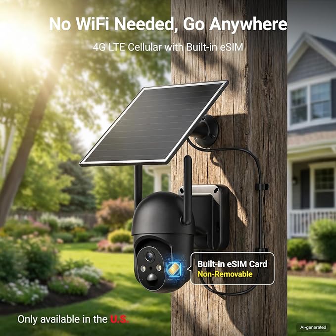SEHMUA 4G LTE Cellular 24/7 Recording Security Camera Wireless Outdoor, Off Grid Security Cam No Wi-Fi, 2K Color Night Vision, 360° View, PIR Motion Sensor, Two-Way Talk, Built-in eSIM Card