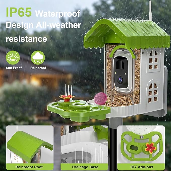 NEEZUKAR Smart Bird Feeder with Camera Solar Powered, AI Species Identification, 2K HD Video, Instant Arrival Alerts, Weatherproof Design for Outdoor, Best Gift for Bird Lovers(Green)