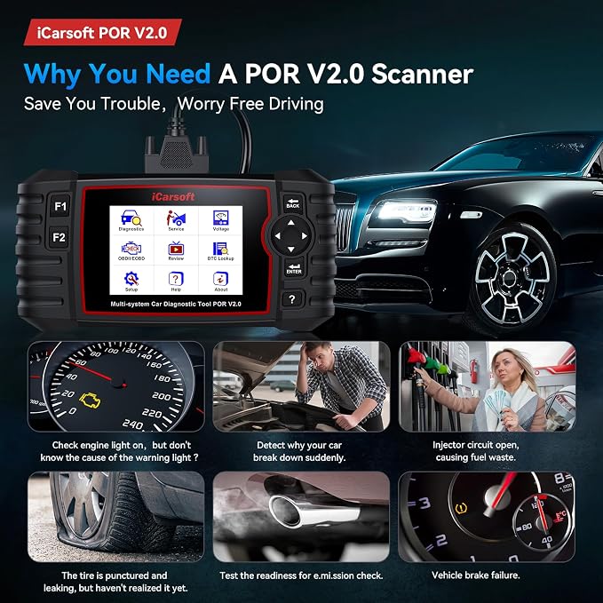 iCarsoft POR V2.0 fit for Porsche/Cayenne/911 Full Systems Diagnostic Scan Tool, OBD2 Scanner with 8 Resets, Live Data, Battery Test Module Info, Lifetime F-Ree Update