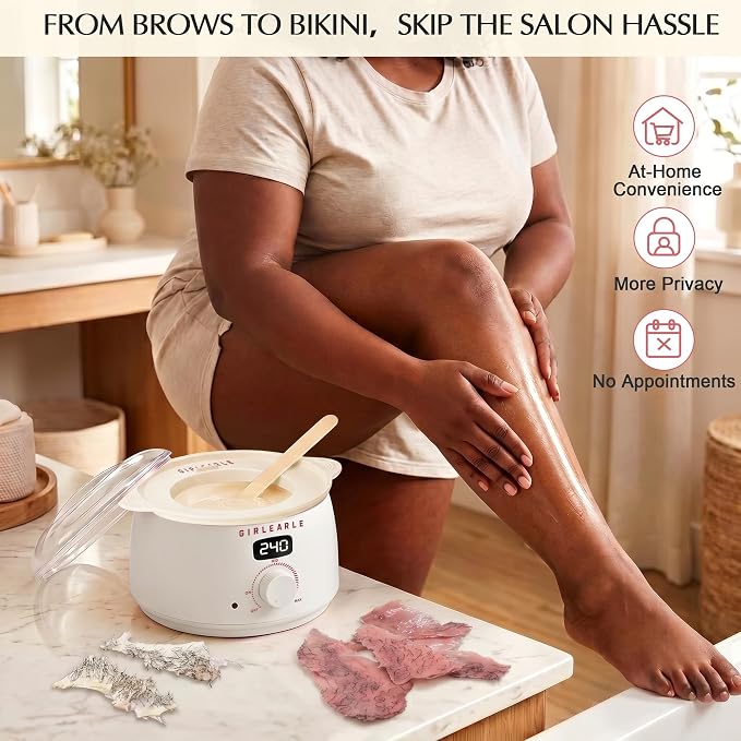 GIRLEARLE White Digital Waxing Kit for Women and Men Sensitive Skin, Wax Warmer Hair Removal at Home with Wax Beads & Silicone Pot, Target Different Types of Brazilian Bikini, Facial, Leg, Full body