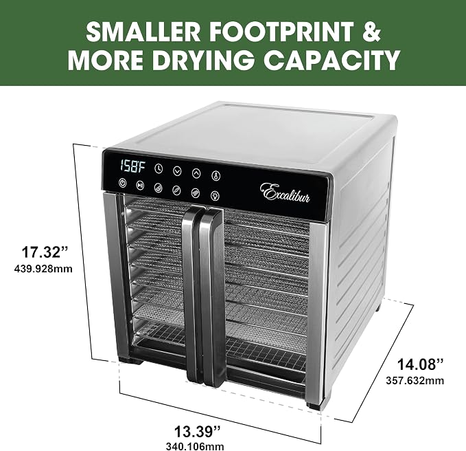 Excalibur Food Dehydrator 8-Tray for Jerky, Fruit, Vegetables, Herbs, Pet Treats, 7.2 Cu Ft Drying Space with Adjustable Temperature Control and 80 hour digital timer, 8-Tray, Stainless Steel