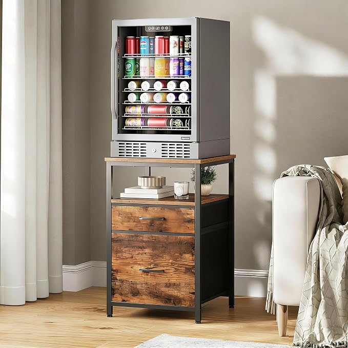 Herture Mini Fridge Stand with 3 Storage, Mini Fridge Cabinet, Beverage Fridge Table, Heavy Duty 18.11" L* 18.11" W Tabletop, for Dorm, Apartment,Office, Bedroom Rustic Brown HB03BXN