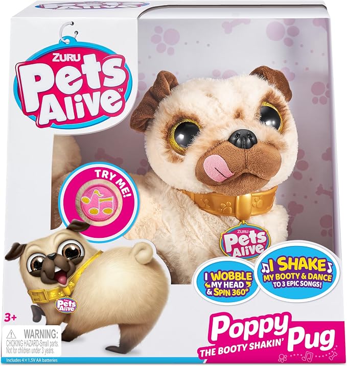 Pets Alive Poppy The Booty Shakin’ Pug – Interactive Dancing Plush Puppy by ZURU Robotic Realistic Soft Dog Stuffed Animal Toy for Kids, Girls