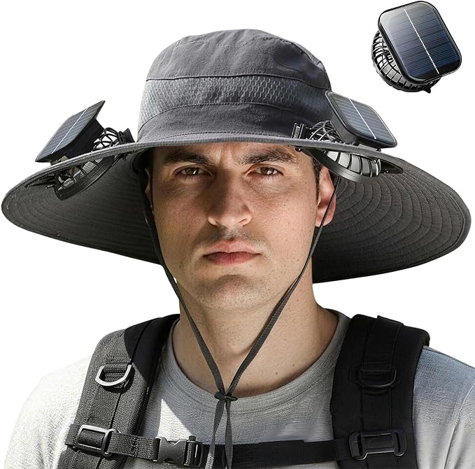 Solar Fan Hat Wide Brim Sun Hat with 3 Solar Fan, Outdoor Bucket Hats for Men Women UPF 50+ Fishing Beach Hiking Bucket Hat