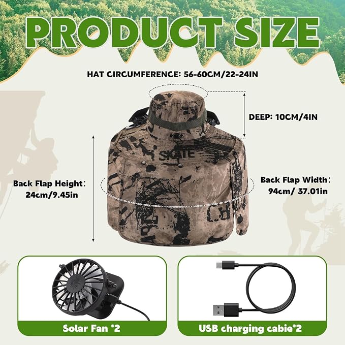 3 Pcs Solar Fan Hat with Arm Sleeves Neck Gaiter Wide Brim Sun Hat Solar Powered USB Charging for Men Women