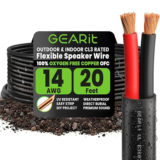 GEARit Speaker Wire 14 Gauge Copper Wire 20 ft,UL CL3 Rated 14 Gauge Wire OFC with Polarity Mark,Audio Cable for In-Wall,Home,Car,Outdoor,Garden,Commercial Audio Systems,OFC(Black,2-Conductors)