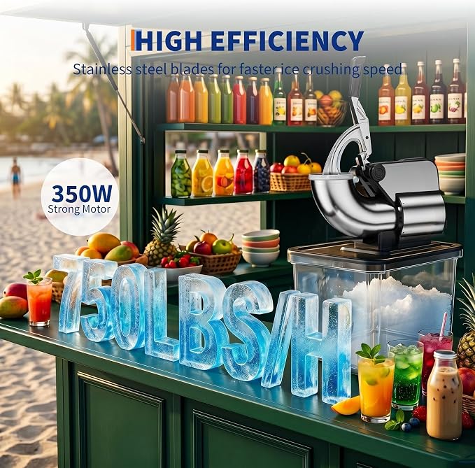 Commercial Ice Crusher Machine with 4 Blades, 2000RPM 750LBS/H Ice Shaver with 2LBS Hopper Capacity, 350W Stainless Steel Snow Cone Machine for Home Use, Bars, Cafes, Parties, Black