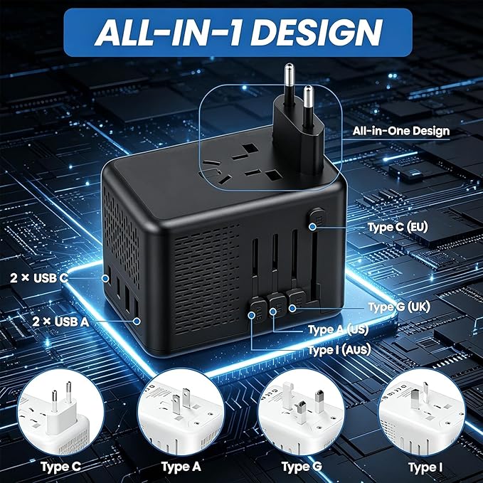 220V to 110V Voltage Converter US to Europe for Hair Dryer with Fast Charging, Power Converter Adapter Combo 2 USB A & 2 USB C, International Adapter European Travel Converter C G A I (Black)