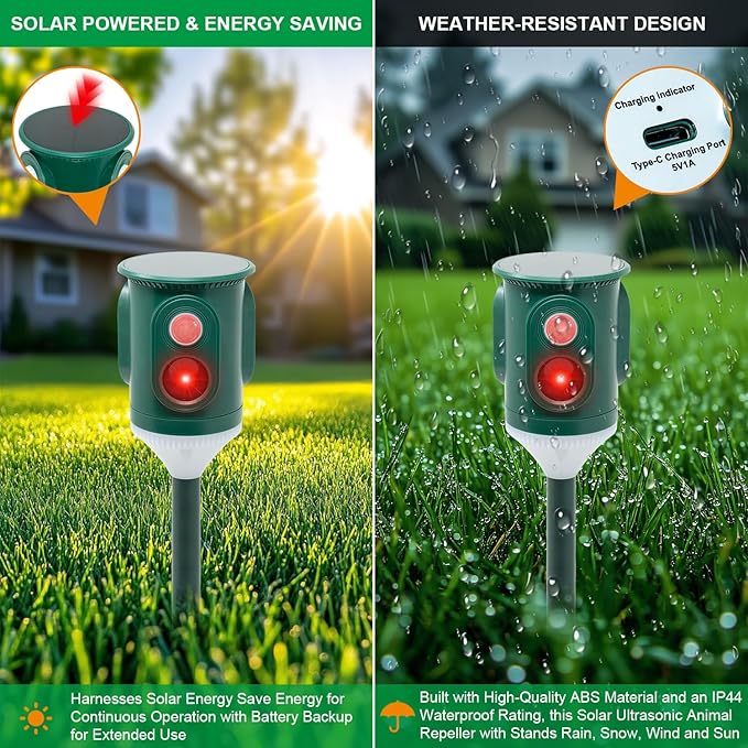 Solar Ultrasonic Animal Repellent Outdoor 360° Motion Activated Pest Deterrent with Strobe Light, Waterproof Garden Protection for Cats, Dogs, Squirrels, Raccoons,Skunks, Rabbits, Coyotes