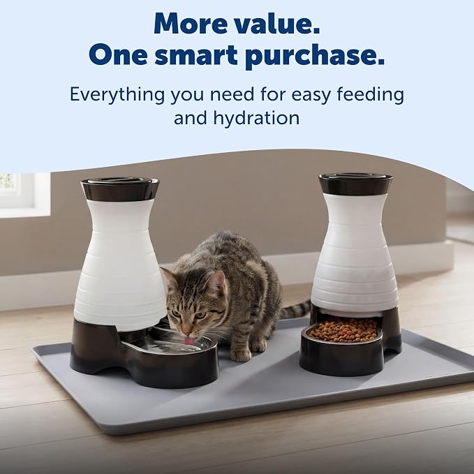 PetSafe Healthy Pet Food and Water Station with Waterproof Silicone Mat - Automatic Gravity Food and Water Dispenser for Cats and Dogs - BPA-Free Reservoir - Removable Stainless Steel Bowl - Medium