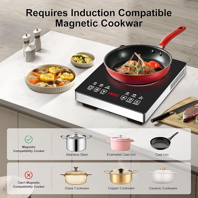 Single Burner Induction Cooktop,Hot Plate with 6 Cooking Modes, portable cooktop with LCD touch control,9 Levels &3H Timer,1800W 110V Portable induction Cooktop