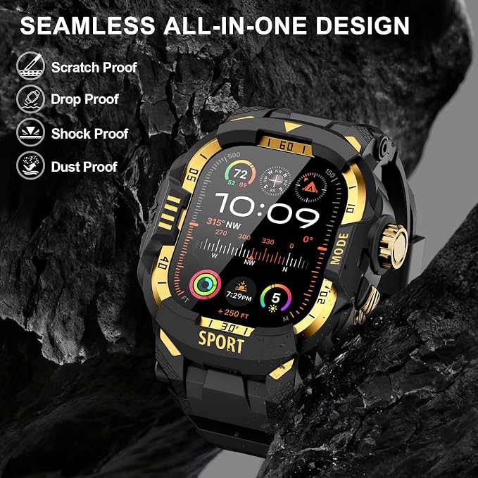 DABAOZA Rugged Case with Band Screen Protector Compatible with Apple Watch 49mm, for iWatch Ultra 3/2/1,Military Grade Shockproof Bumper and Men's Tactical Heavy Duty Strap(Black/Gold,49MM)