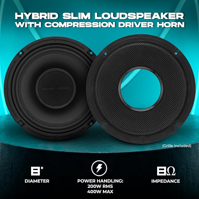 DS18 PRO-HY8MSL 8" Shallow Hybrid Mid-Range Car Audio Loudspeaker with Built-in Driver and Grill Included 400W Max 200W RMS 8 Ohms (1 Speaker)