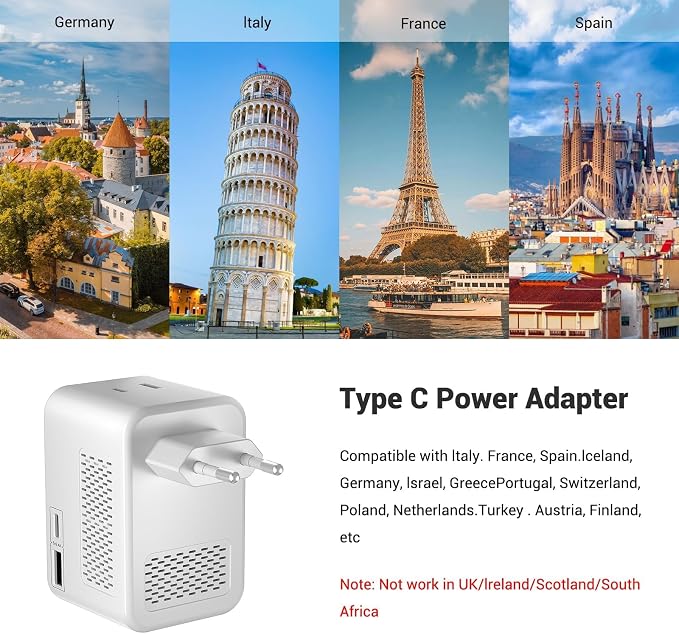 220V to 110V Voltage Conversion Plug Adapter for Traveling from USA to Europe with 2 USB and 2 USBC Ports PD 20 W, 2 AC Outlets International Power Adapter