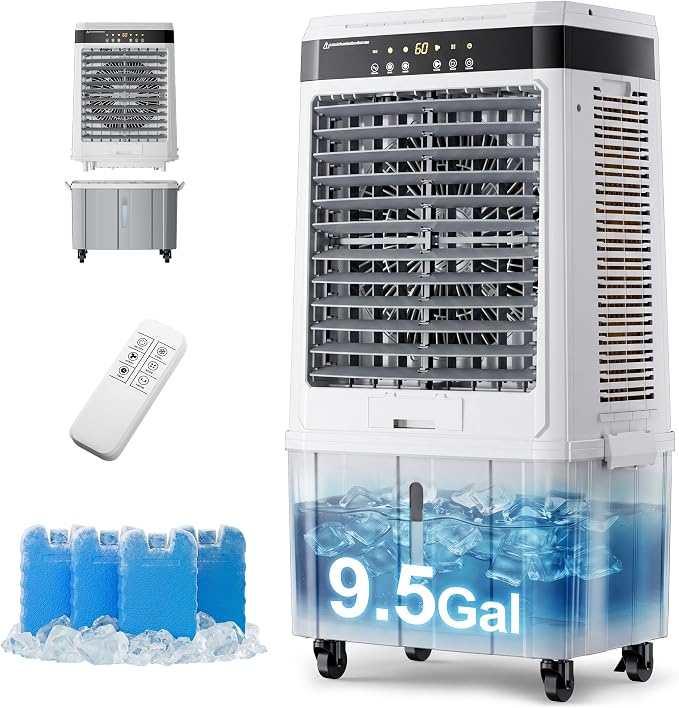 Uthfy 2800 CFM Swamp Cooler, 37" Evaporative Air Cooler with 9.5 Gal Detachable Water Tank, 120° Oscillation, Remote & 12H Timer, Portbable Air Conditioners for Indoor, Garage, Patio