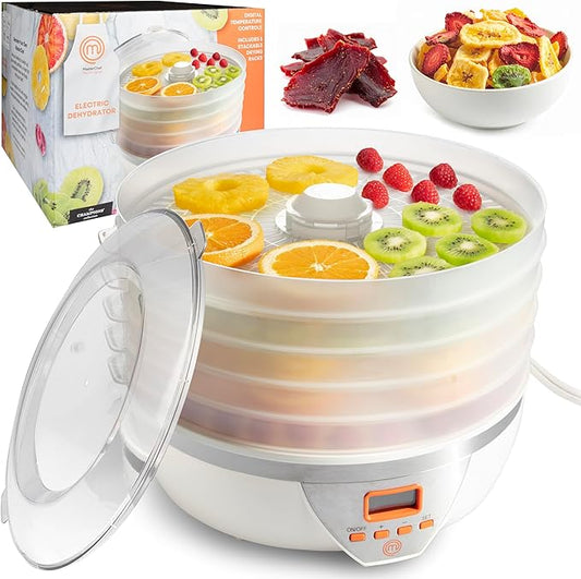 MasterChef Digital Food Dehydrator w 5 Large Trays and Temperature Controls- 8L Capacity- Programmable Dehydrating Machine w Recipe Guide- BPA Free, Make Healthy Snacks, Dry Fruit, Veggies, Beef Jerky
