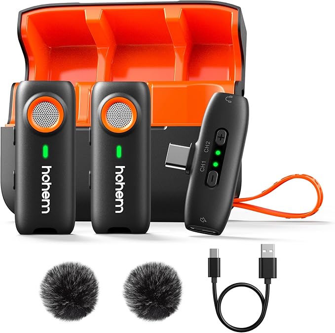 hohem MIC-01 Wireless Lavalier Microphone, Noise Cancellation,48kHz 328ft Range, 20 Hours Battery, Wireless Microphone for Android, PC, Camera, Video Recording (2TX + 1RX + Charging Case)