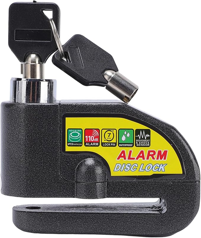 Asixxsix Alarm Disc Brake Lock, Anti Theft Security Wheel Lock with 110dB Alarm & 2 Keys, IP65 Water Proof, 5ft Reminder Cable, for Motorbikes Bikes Scooters